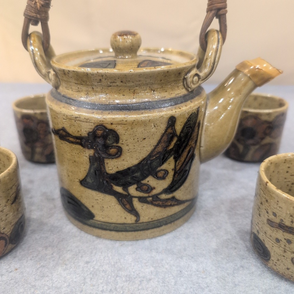 Vintage Hand Painted Ceramic Tea Set Teapot 6 Cups Bird Floral Speckled Tan - Picture 4 of 13